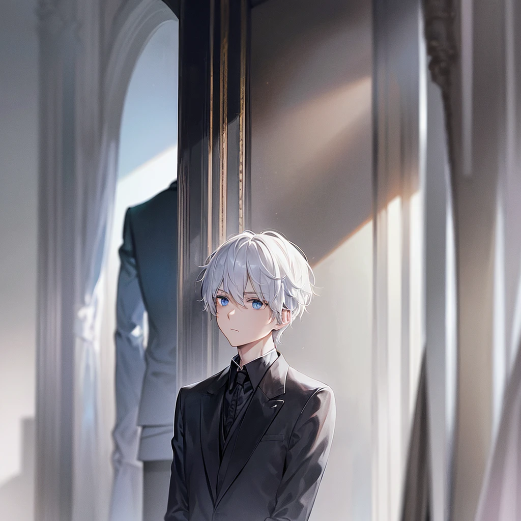 A man stands behind, alone, white hair, blue eyes, wearing a black suit. 