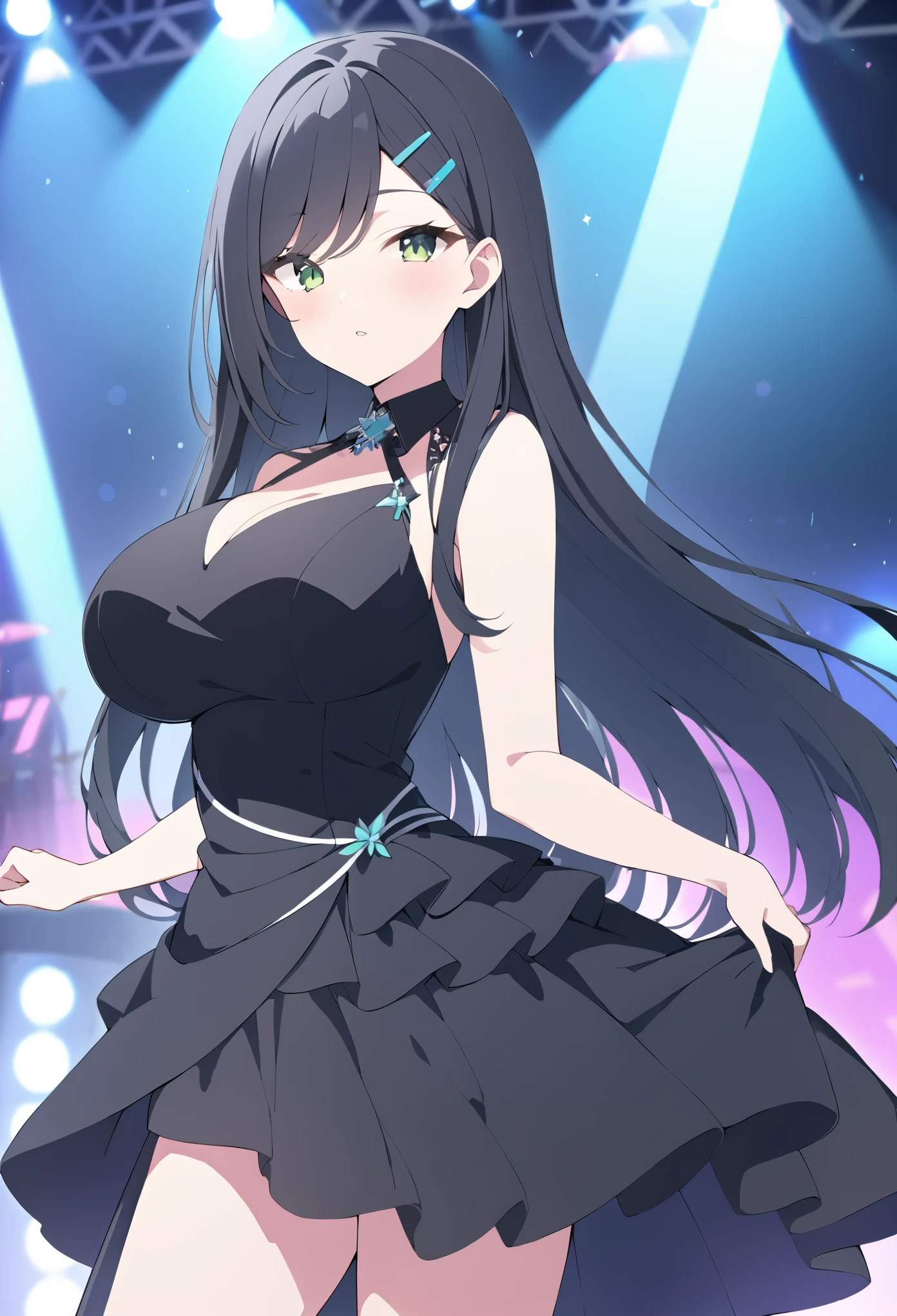 TAKEBAYASHIGTNH
BLACK HAIR, SWEPT BANGS, HAIRCLIP, STRAIGHT HAIR, LONG HAIR, GREEN EYES, Big Breasts , live stage, formal dress, solo,