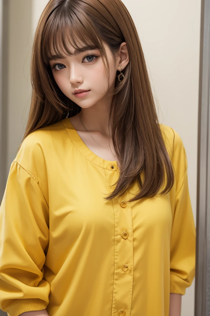 One with dark blond hair, fair skin and yellow clothes
