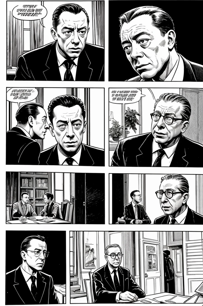5-page comic of Albert Camus and Jean Pierre Sartre talking together about death