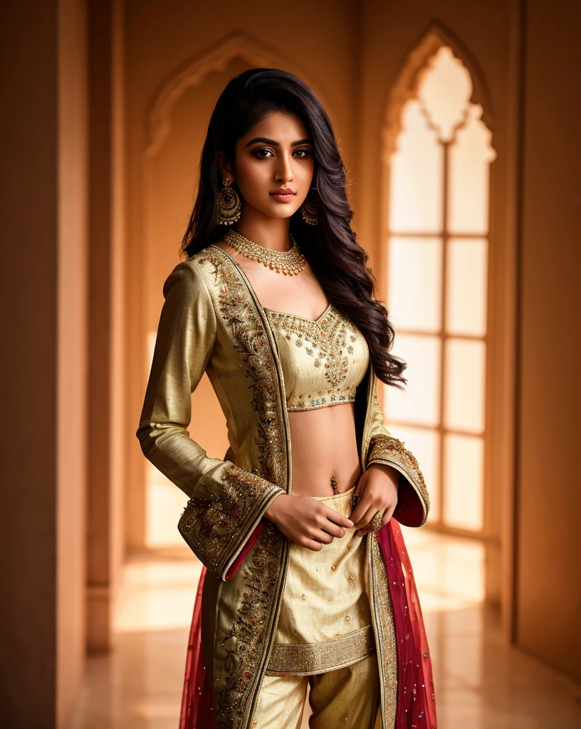 professional portrait photo of a female Instagram model, fully dressed, beautiful, 20-year-old, wearing intricate Sharara Suit, desi, rim light, key light, light background