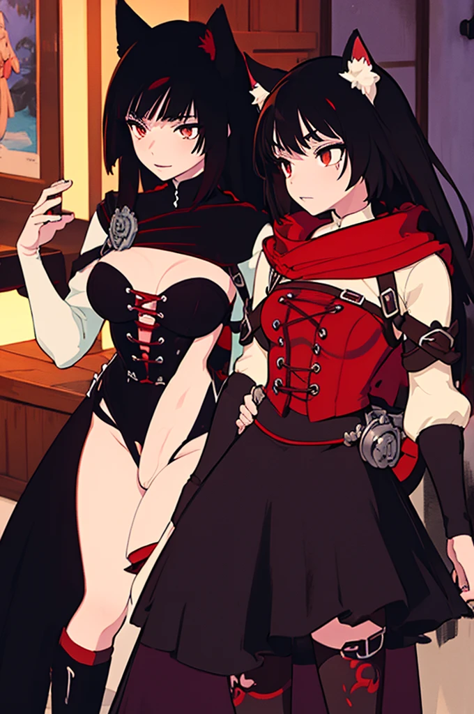 Anime Detailed Beautiful fantasy Woman, small , long black hair with red highlights, (big bulge), big cock, (big dick), silver eyes, hair tips are red, black cat ears, black cat tail, baggy fantasy clothes,