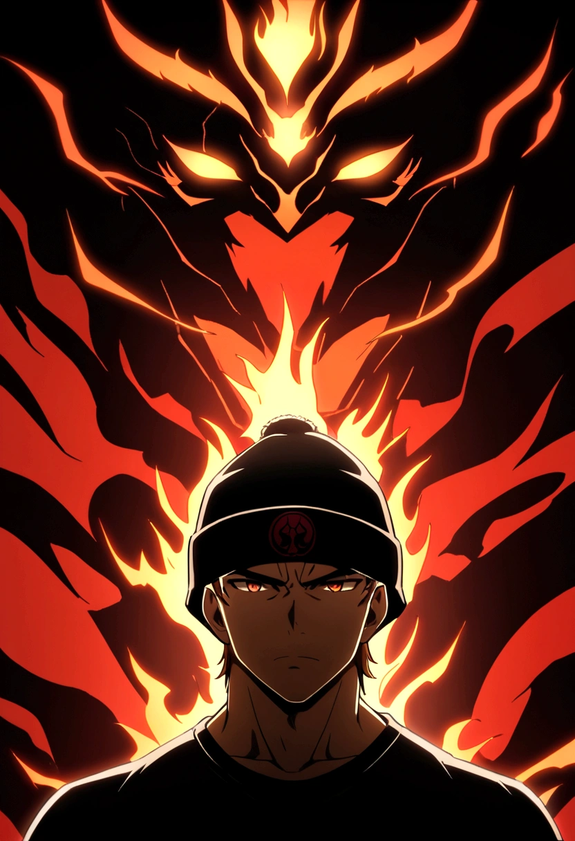 logo of a muscular boy in black clothes in the center of medium brown hair and a black beanie hat on a background with demons and symmetrical red fire anime