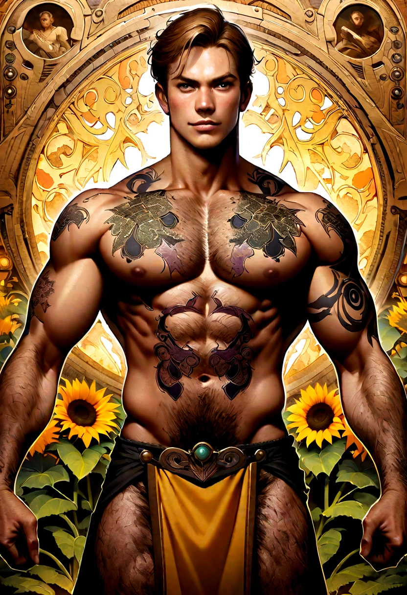 (Artwork, maximum quality, best quality, official art, beautiful and aesthetic:1.2), (1 man), extremely detailed, (fractal art:1.3),colorful,R-Rated most detailed, nsfw, magazine cover, art from poster, Lovecraftian horror Tattoos, Tattoos, musculine, Muscular body, Hairy chest and hairy body, loincloth，painting of a man holding a bouquet of sunflowers in front of a golden background, Hyperrealistic Art Nouveau, Chie Yoshii, Andrey Remnev, by Yamagata Hiro, Mucha Klimt and Tom Bagshaw, inspired by J.. c. Leendecker, inspired by J..c. Leendecker, inspired by J.ames c. christensen