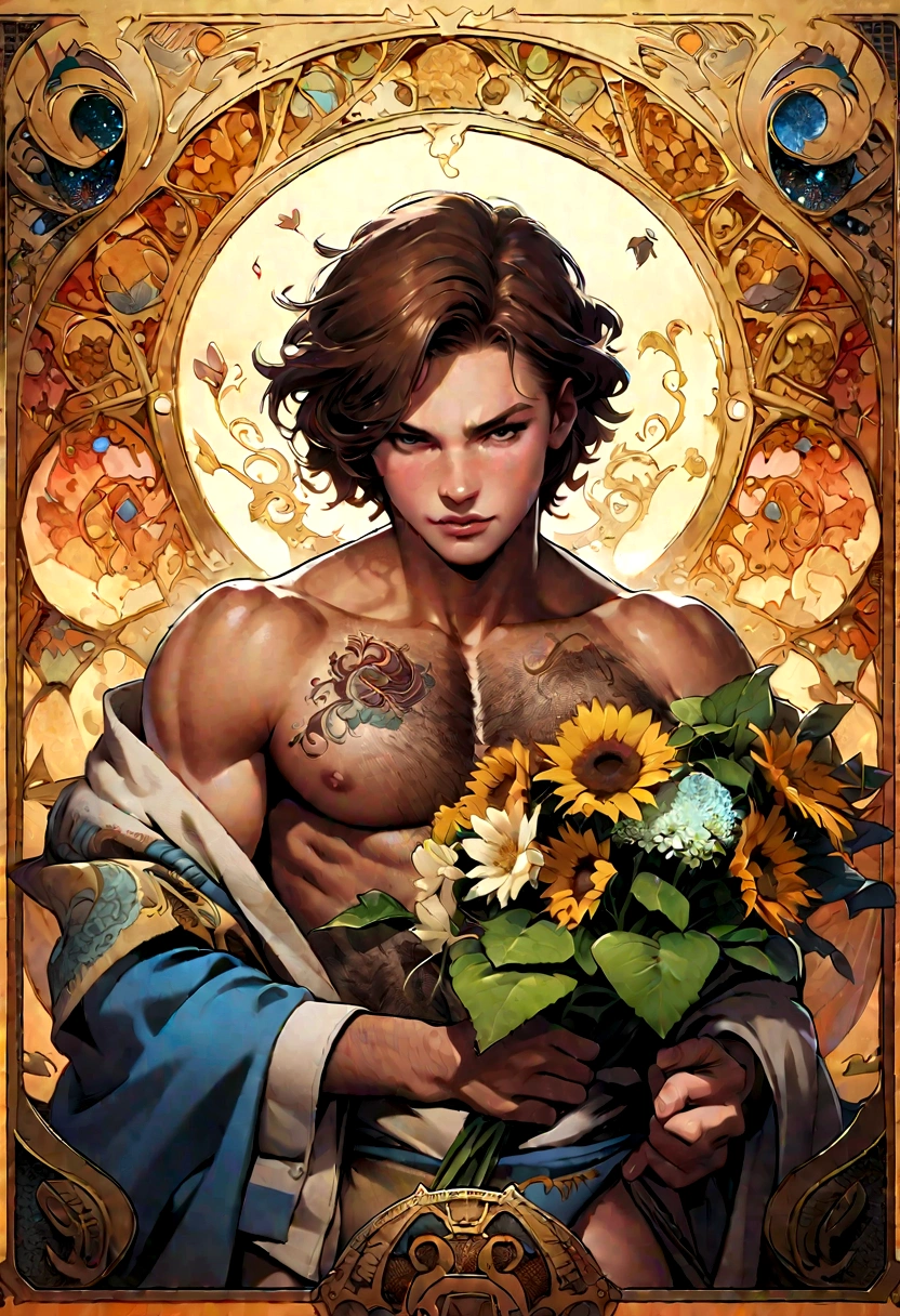 (Artwork, maximum quality, best quality, official art, beautiful and aesthetic:1.2), (1 man), extremely detailed, (fractal art:1.3),colorful,R-Rated most detailed, nsfw, magazine cover, art from poster, Lovecraftian horror Tattoos, Tattoos, musculine, Muscular body, Hairy chest and hairy body, loincloth,painting of a man holding a bouquet of sunflowers in front of a golden background, Hyperrealistic Art Nouveau, Chie Yoshii, Andrey Remnev, by Yamagata Hiro, Mucha Klimt and Tom Bagshaw, inspired by J.. c. Leendecker, inspired by J..c. Leendecker, inspired by J.ames c. christensen