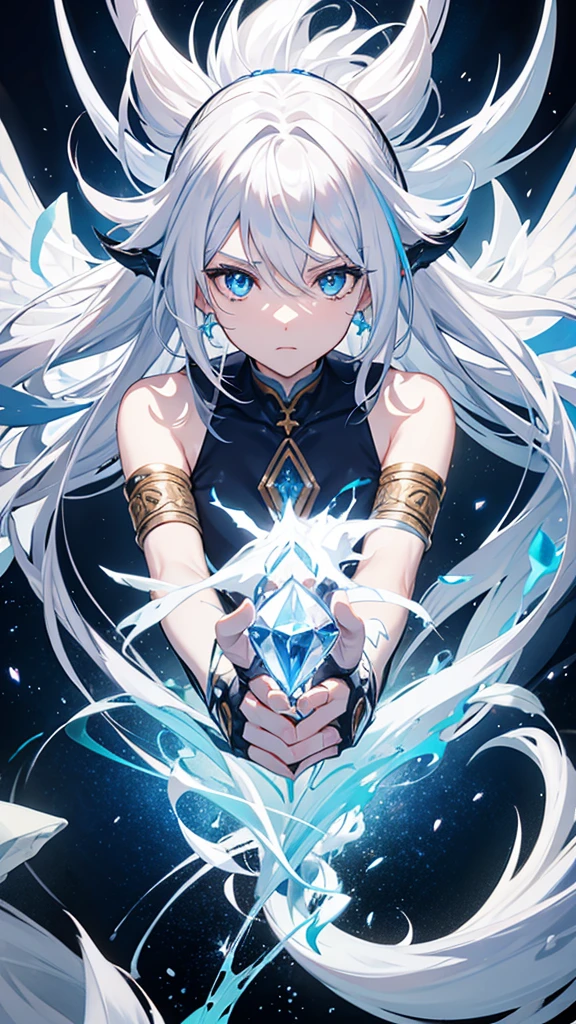  dragon-like and white hair, and star details, blue horn, blue eye, and metal arm