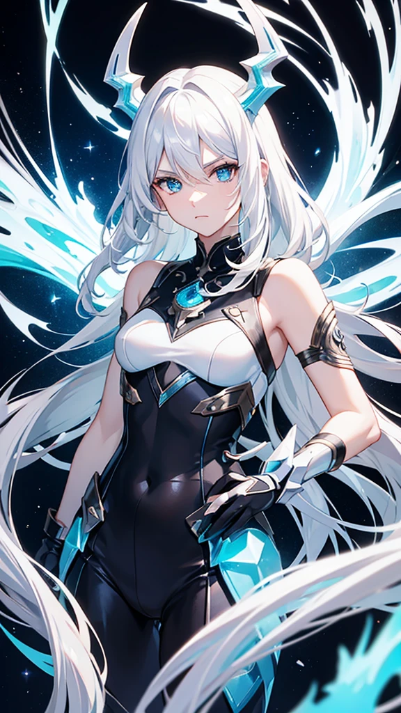  dragon-like and white hair, and star details, blue horn, blue eye, and metal arm