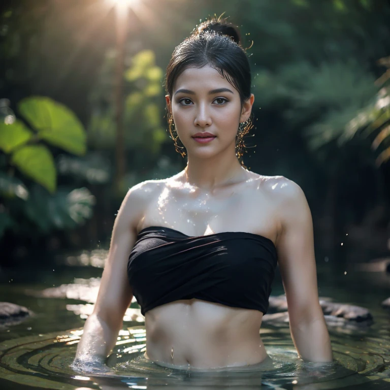 beautiful girl ,Thai female warrior, showering in a swiming pool at the forest, dynamic poses, Red and black strapless shirt, long ponytail,black eyes,abdominal muscles,plump body, rounded breast, (big breast:1.3), rift, morning sun,staring at the audience, rain, (dynamic poses), shower, shower poses, ((face details)),Double eyelids, finished, (Backlight), realistic, Masterpiece, Highest quality, lens flare, shade, in full bloom, [[Chromatic aberration]], By Jeremy Lipking, By Antonio J.. Manzanedo, digital painting, HDR, high contrast
