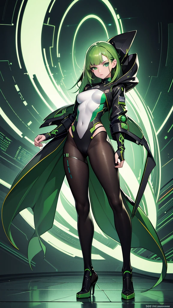 masterpiece, highest quality, (solo focus), (perfect face:1.1), (full body), (high detail:1.1), (hyper detailed eyes), dramatic, a woman with palefreckledskin and long dark green hair, bright green eyes, solo, arrogant expression, neon cybernetic outfit, white background, art by artgerm, cinematic lighting, fashion, BalenciagaStyle