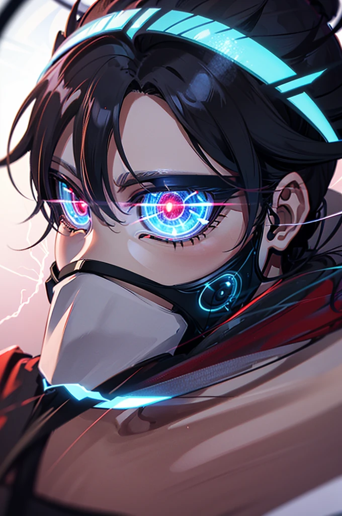 Anime Reality, detailed anime, anime styling, super verbose, high details, masterpiece, high quality, high resolution, black hair, black haired anime man, glowing eyes, blue glowing eyes, covered mask, covering mouth, red mask, action pose, lightning background, lightning aura