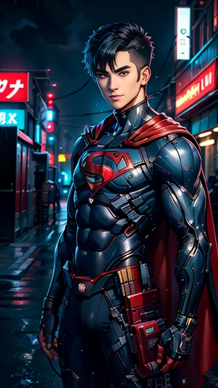 (8k),(masterpiece),(Japanese),(18-year-old boy),((innocent look)),((Handsome)),From the front and above,smile,cute,Innocent,Kind eyes,flat chest, Slender,red cape,Blue Superman costume,very short,Hair blowing in the wind,Black Hair,strong wind,night,dark,rain,midnight,neon glowl ight cyberpunk city