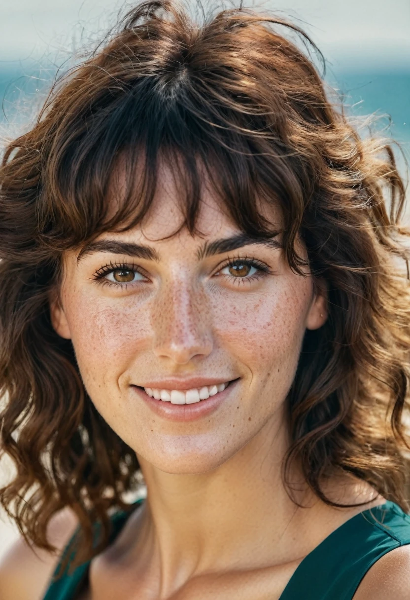 Portrait of Roberta Gemma, italian woman, 30 years old, face highly detailed, natural skin with light freckles, light make-up, Curly Shag with Bangs hair, sensual smile.