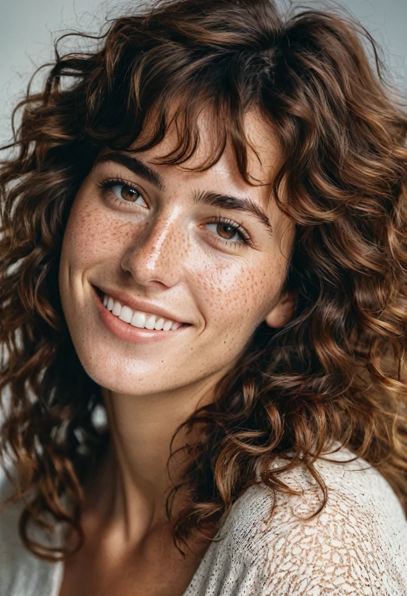 Portrait of Roberta Gemma, italian woman, 30 years old, face highly detailed, natural skin with light freckles, light make-up, Curly Shag with Bangs hair, sensual smile.