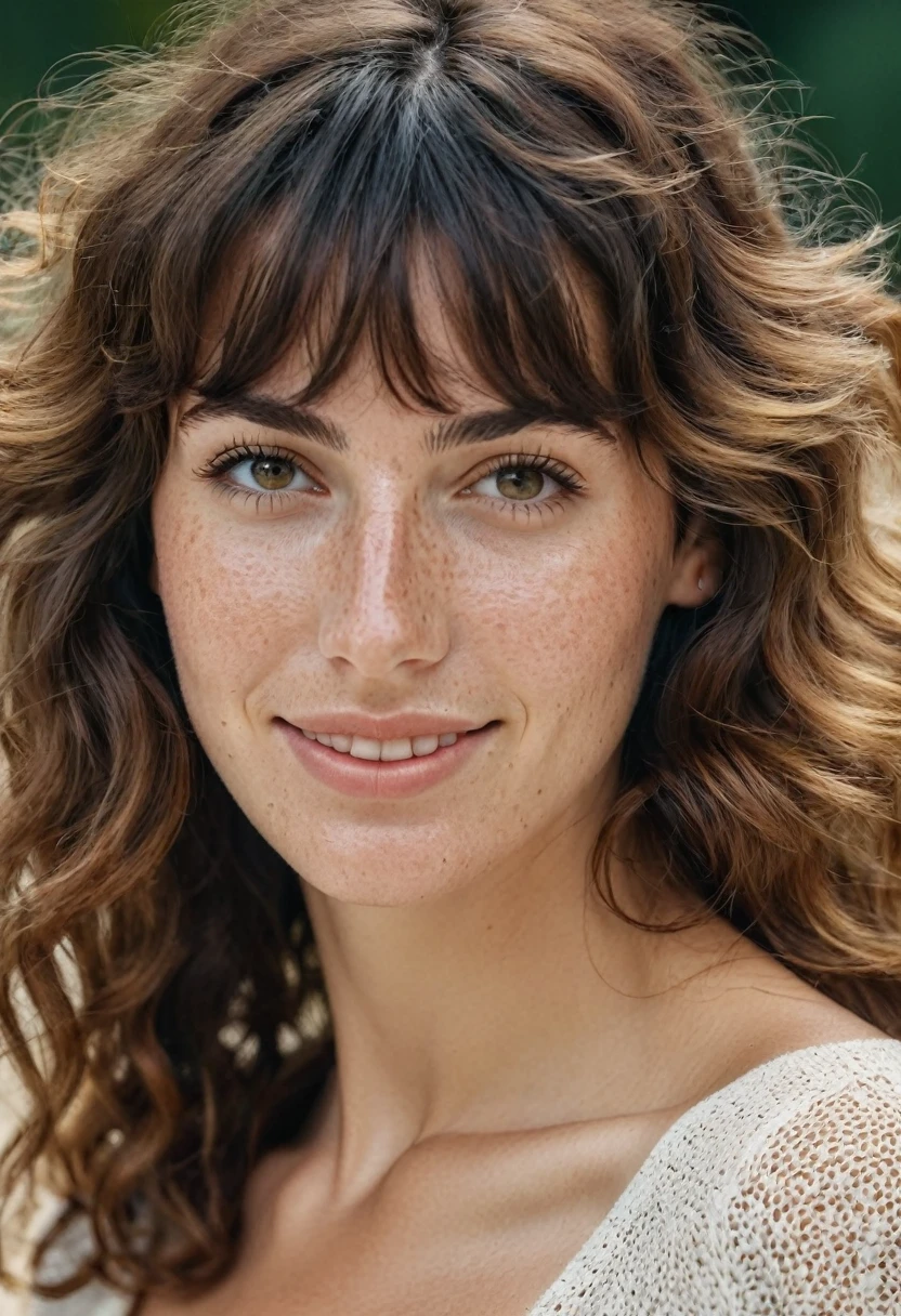 Portrait of Roberta Gemma, italian woman, 30 years old, face highly detailed, natural skin with light freckles, light make-up, Curly Shag with Bangs hair, sensual smile.