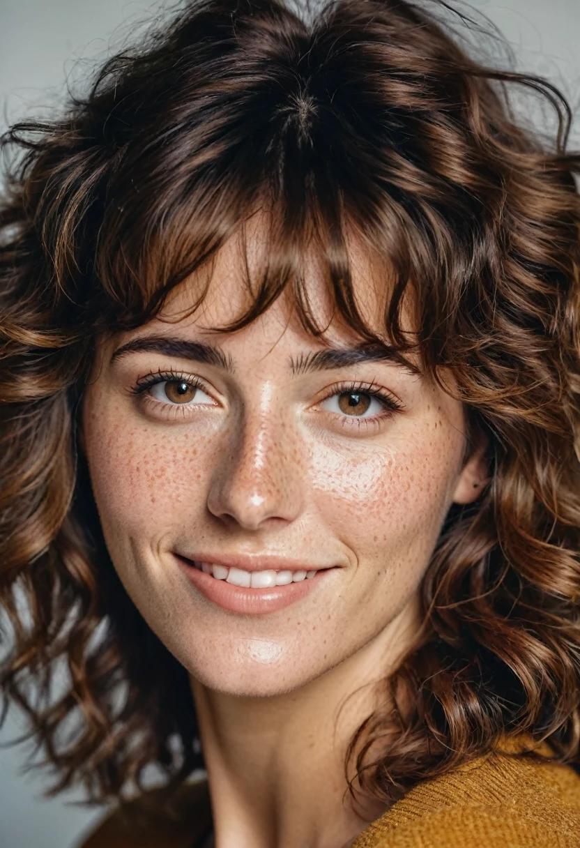 Portrait of Roberta Gemma, italian woman, 30 years old, face highly detailed, natural skin with light freckles, light make-up, Curly Shag with Bangs hair, sensual smile.