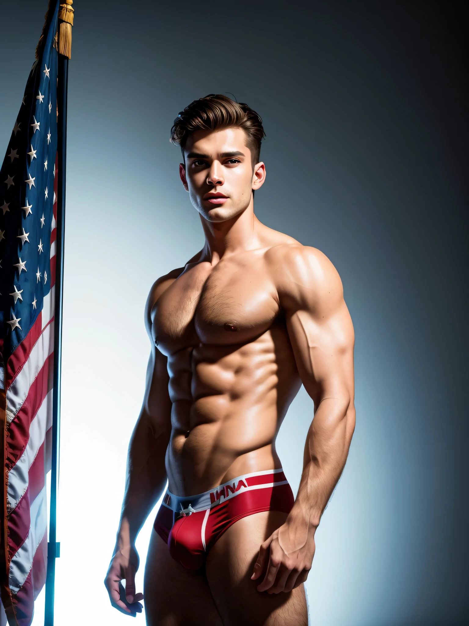 (1boy, photorealistic:1.4, ultra realistic, masterpiece:1.2, best quality, 4k, 8k), a handsome 21-year-old male model wearing only underwear and ((posing with an American flag draped over him)), simple white background, (shot on Nikon d850 50mm, dlsr, RAW, cinematic lighting, 3 point lighting, flash with soft box)