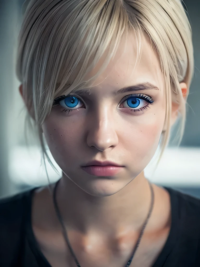 A turkiye girl, blue eyes, blonde short messy hair, feeling depressed, face expression, Ultra high res, uhd, (photorealistic:1.4),