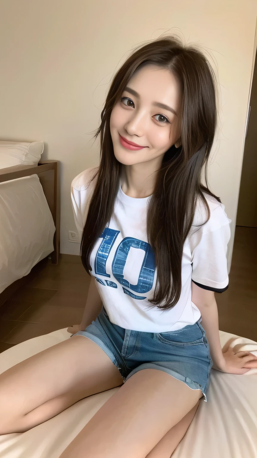 seed:2020674263.((Full body angle:1.1)).((Highest quality, 8K, masterpiece:1.3)), ((from below:1.1)).concentrated:1.2, Perfect body beauty:1.4, Hips:1.2, ((Delicate Hair)), (Colorful T-shirts、Shorts、pajamas :1.1) , ((Highest quality、8k、masterpiece:1.3))、1 Girl、A sloppy smile、Esbian all over、Slim face、Big Boobs、Beautiful woman、(Dark Brown Hair)、Long Hair、1.1、Flickering Valley、Detailed eyes、double eyelid、Blurred Background、超Slim face、Smile、Looking down、living、