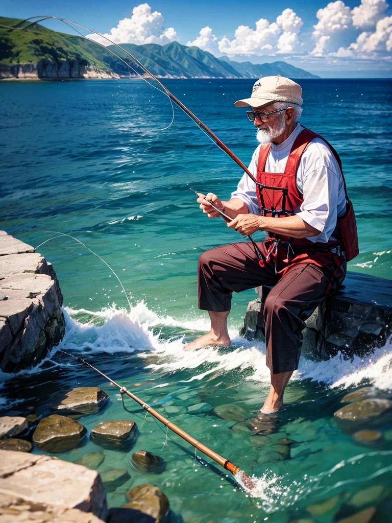 Highest quality,Highest Resolution,An old man fishing on the rocks in the sea,The moment of catching fish,