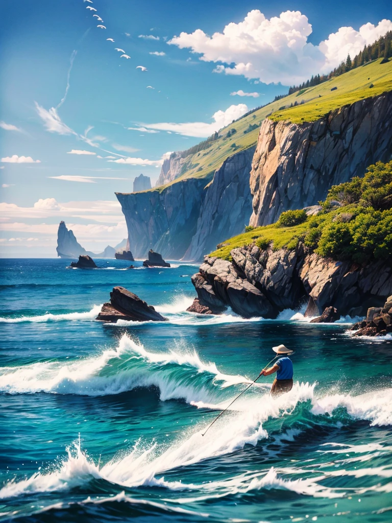 Highest quality,Highest Resolution,An old man fishing on the rocks in the sea,The moment of catching fish,