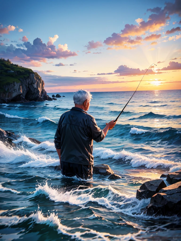 Highest quality,Highest Resolution,An old man fishing on the rocks in the sea,The moment of catching fish,