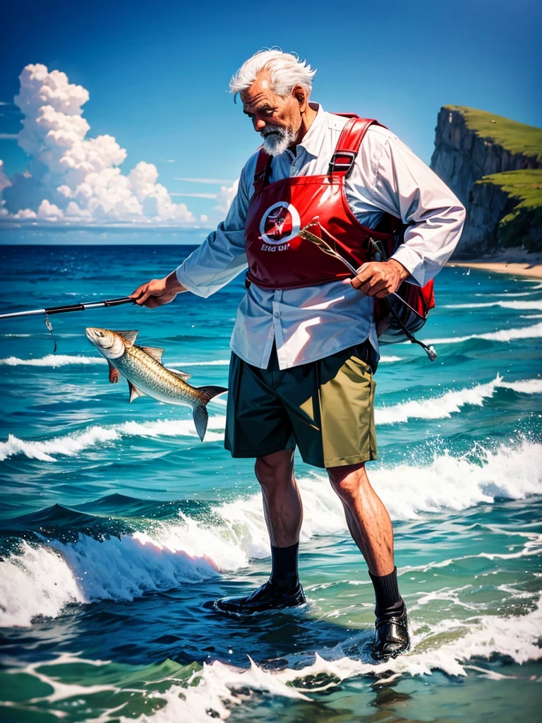 Highest quality,Highest Resolution,An old man fishing on the rocks in the sea,The moment of catching fish,