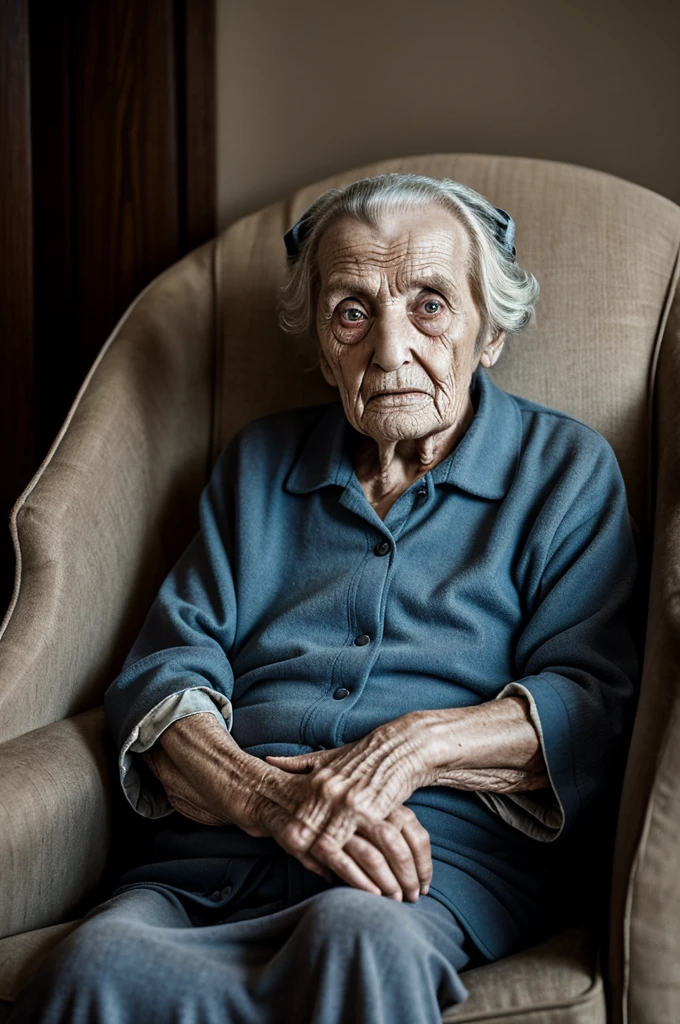 Generates an image of a scary old and decrepit grandmother with many wrinkles sitting in an armchair 