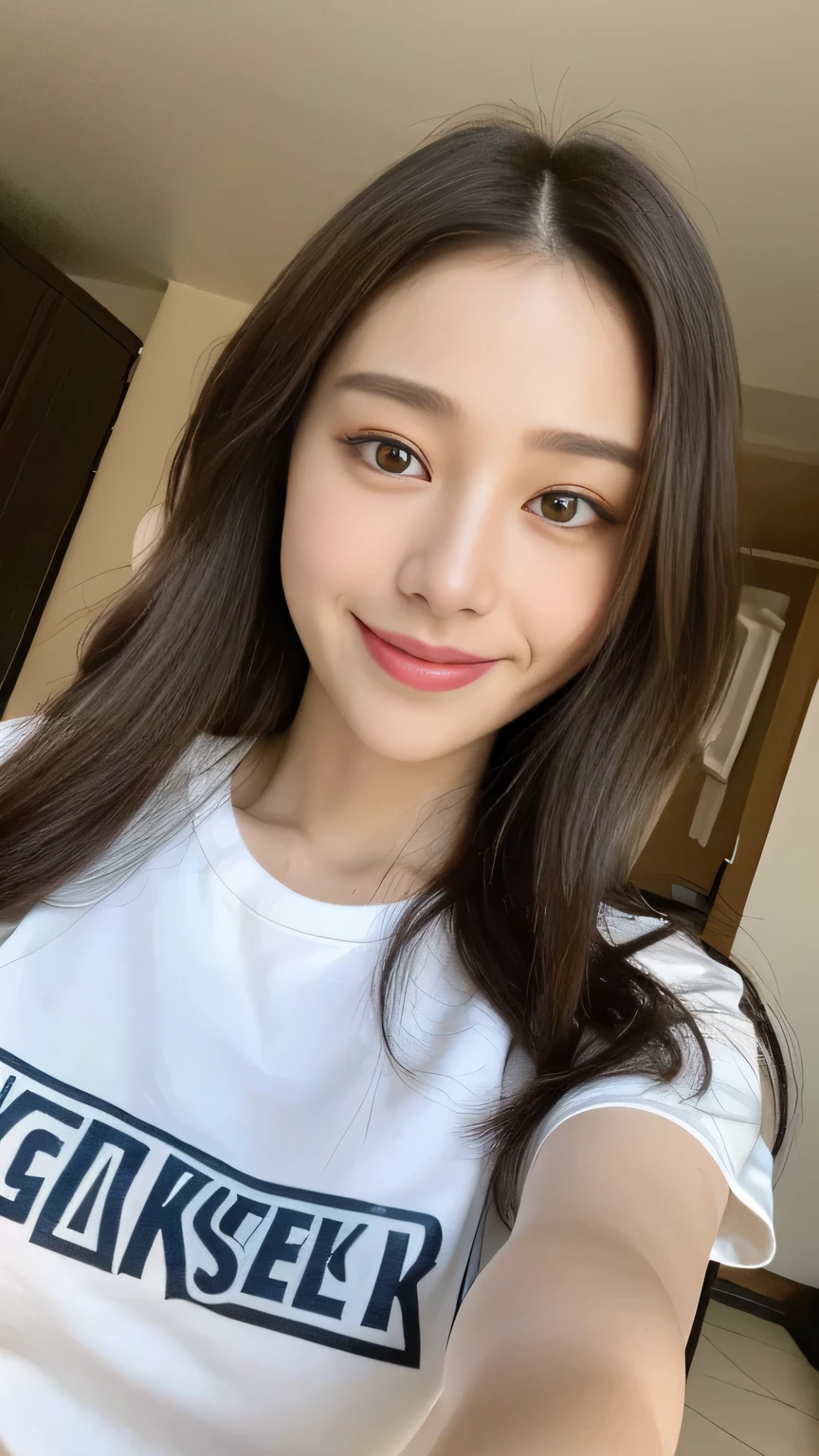 seed:2020674263.((Full body angle:1.1)).((Highest quality, 8K, masterpiece:1.3)), ((from below:1.1)).concentrated:1.2, Perfect body beauty:1.4, Hips:1.2, ((Delicate Hair)), (Colorful T-shirts、Shorts、pajamas :1.1) , ((Highest quality、8k、masterpiece:1.3))、1 Girl、A sloppy smile、Esbian all over、Slim face、Big Boobs、Beautiful woman、(Dark Brown Hair)、Long Hair、1、Flickering Valley、Detailed eyes、double eyelid、Blurred Background、超Slim face、Smile、Looking down、living、