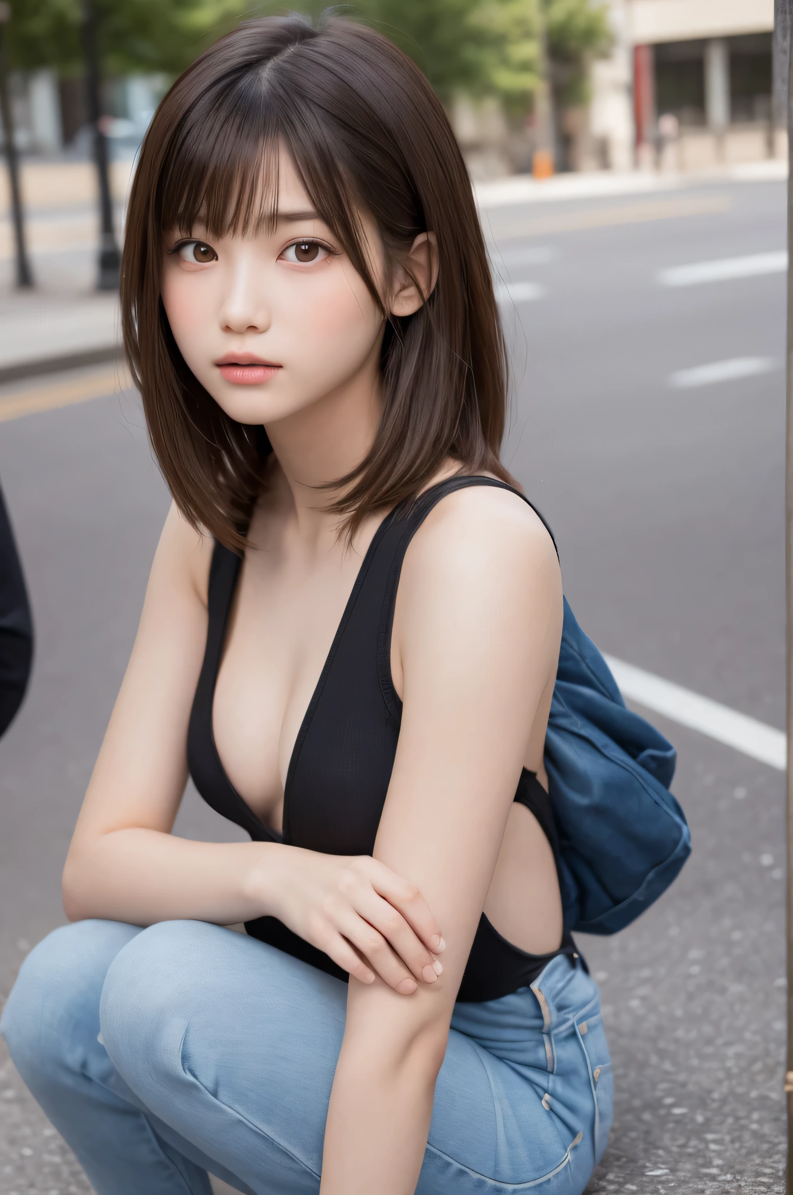 one girl, (a beauty girl, delicate girl:1.3), (:1.3),
break, (Bodysuits:1.3),
break, Very fine grain definition, (Symmetrical eyes:1.3),
break, (Street view:1.3),
break, Small breasts, Brown eyes, Parted bangs, Brown Hair, girl,
break, (Eye and facial details:1.0),
break, (masterpiece, Highest quality, Super detailed, Detailed face, 8K)