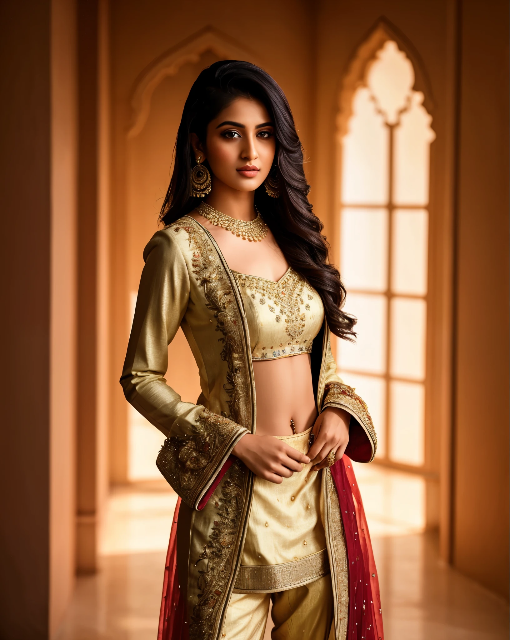 professional portrait photo of a female Instagram model, fully dressed, beautiful, 20-year-old, wearing intricate Sharara Suit, desi, rim light, key light, light background