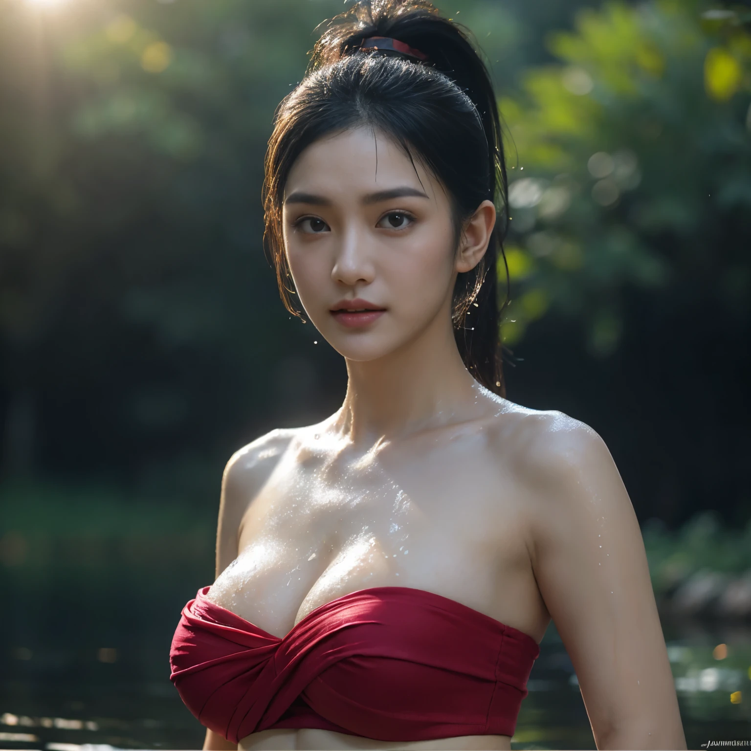 beautiful girl ,Thai female warrior, showering in a swiming pool at the forest, dynamic poses, Red and black strapless shirt, long ponytail,black eyes,abdominal muscles,plump body, rounded breast, (big breast:1.3), rift, morning sun,staring at the audience, rain, (dynamic poses), shower, shower poses, ((face details)),Double eyelids, finished, (Backlight), realistic, Masterpiece, Highest quality, lens flare, shade, in full bloom, [[Chromatic aberration]], By Jeremy Lipking, By Antonio J.. Manzanedo, digital painting, HDR, high contrast
