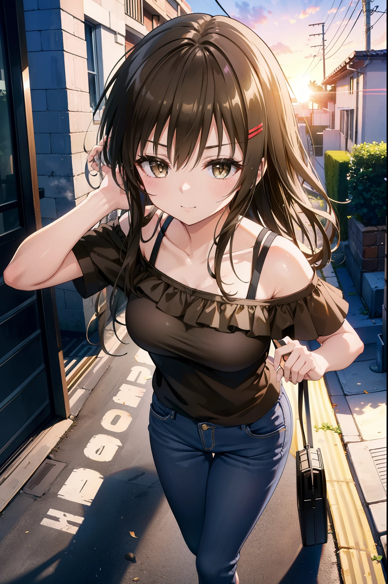 Yuikotegawa, yui kotegawa, Black Hair, (Brown eyes:1.5), Long Hair,happy smile, smile, Open your mouth,Glasses,Cold shoulder tops,skinny pants,Stiletto heels,Walking,morning,morning陽,The sun is rising,whole bodyがイラストに入るように,
break outdoors, Building district,
break looking at viewer, whole body,
break (masterpiece:1.2), Highest quality, High resolution, unity 8k wallpaper, (figure:0.8), (Beautiful attention to detail:1.6), Highly detailed face, Perfect lighting, Highly detailed CG, (Perfect hands, Perfect Anatomy),