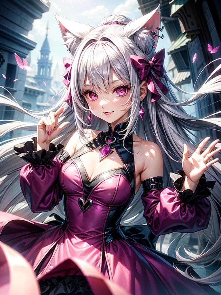 Silver hair, pink eyes, body, cat ears, woman, earrings, fantasy background, magenta clothes, hair bows, happy face