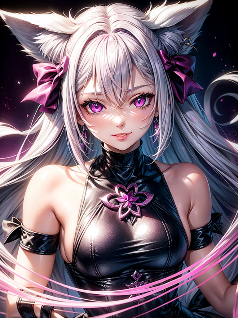 Silver hair, pink eyes, body, cat ears, woman, earrings, fantasy background, magenta clothes, hair bows, happy face