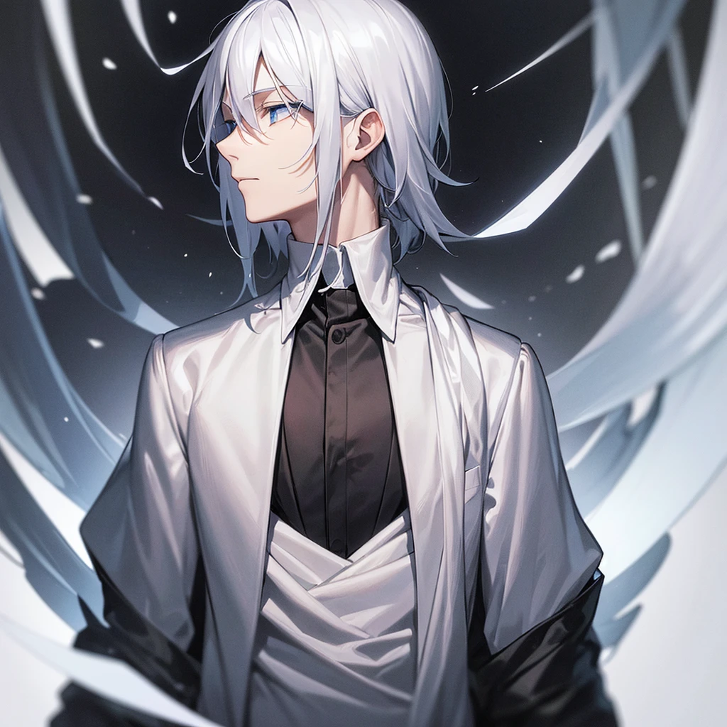 A man, looking to the side, alone, white hair, blue eyes, wearing a black suit. 