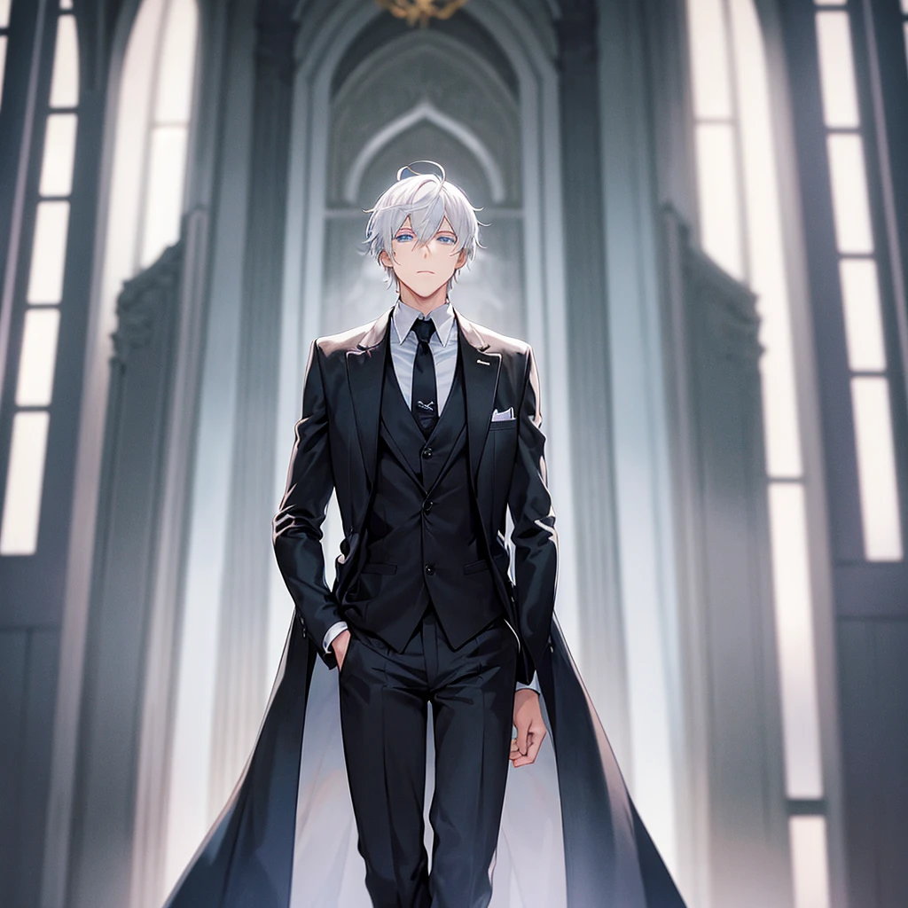 A man, looking to the side, alone, white hair, blue eyes, wearing a black suit.