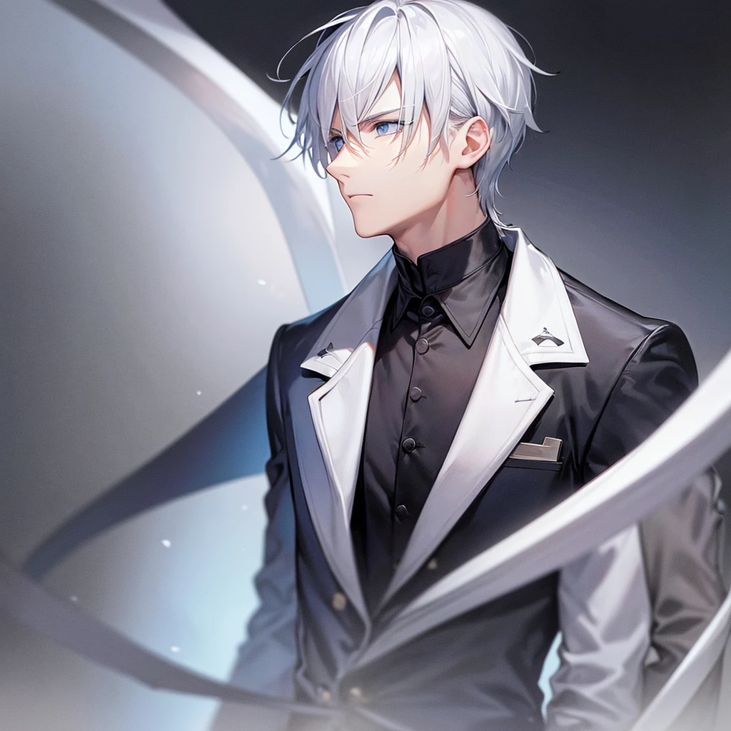 A man, looking to the side, alone, white hair, blue eyes, wearing a black suit.