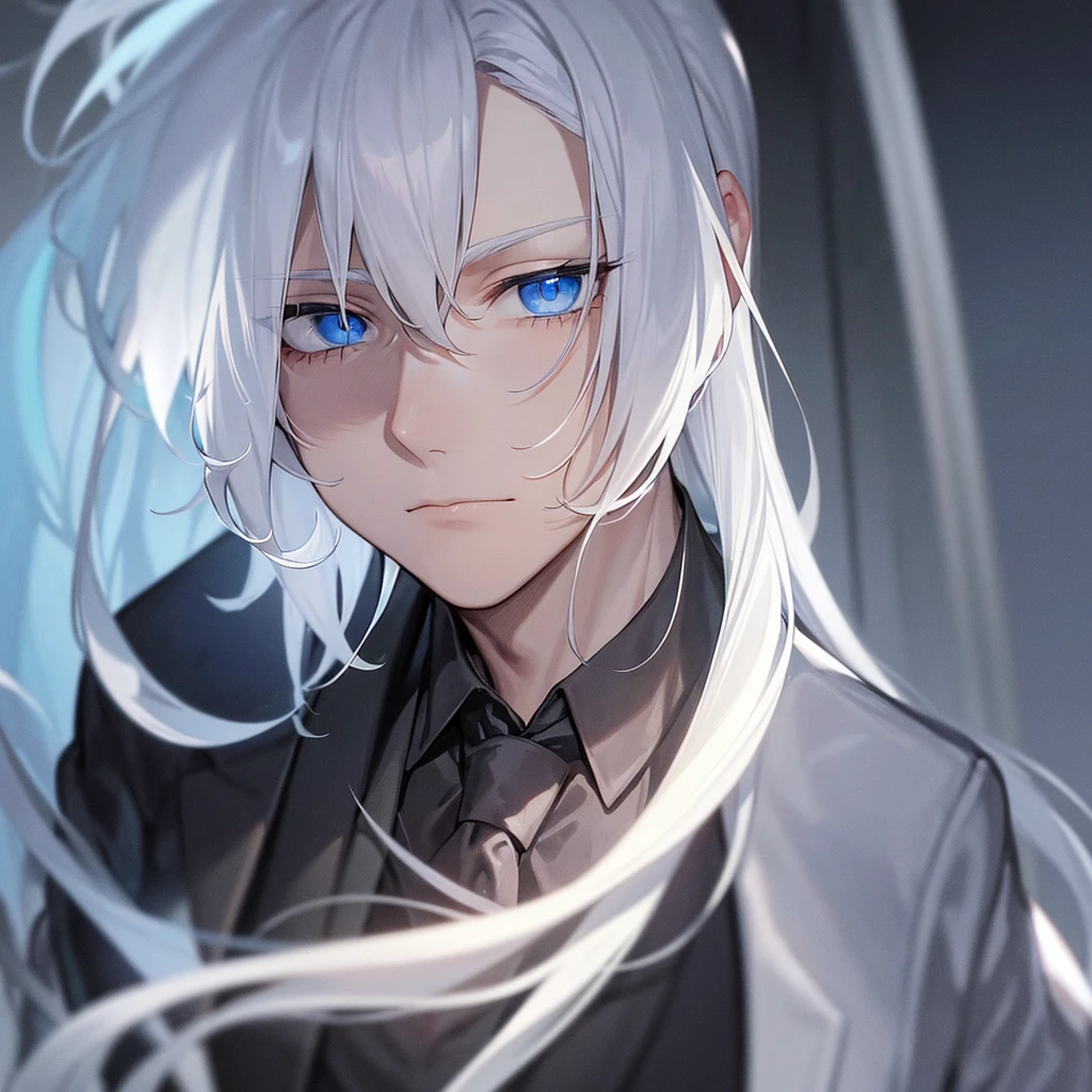 A man, looking to the side, alone, white hair, blue eyes, wearing a black suit. 