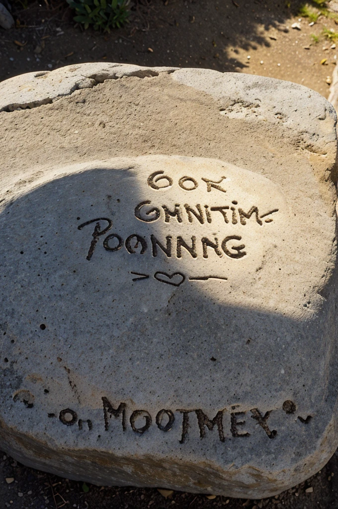 On a stone planted in the earth with writing " Good morning all" written by human hand, on top of the golden mountain. And mountains.