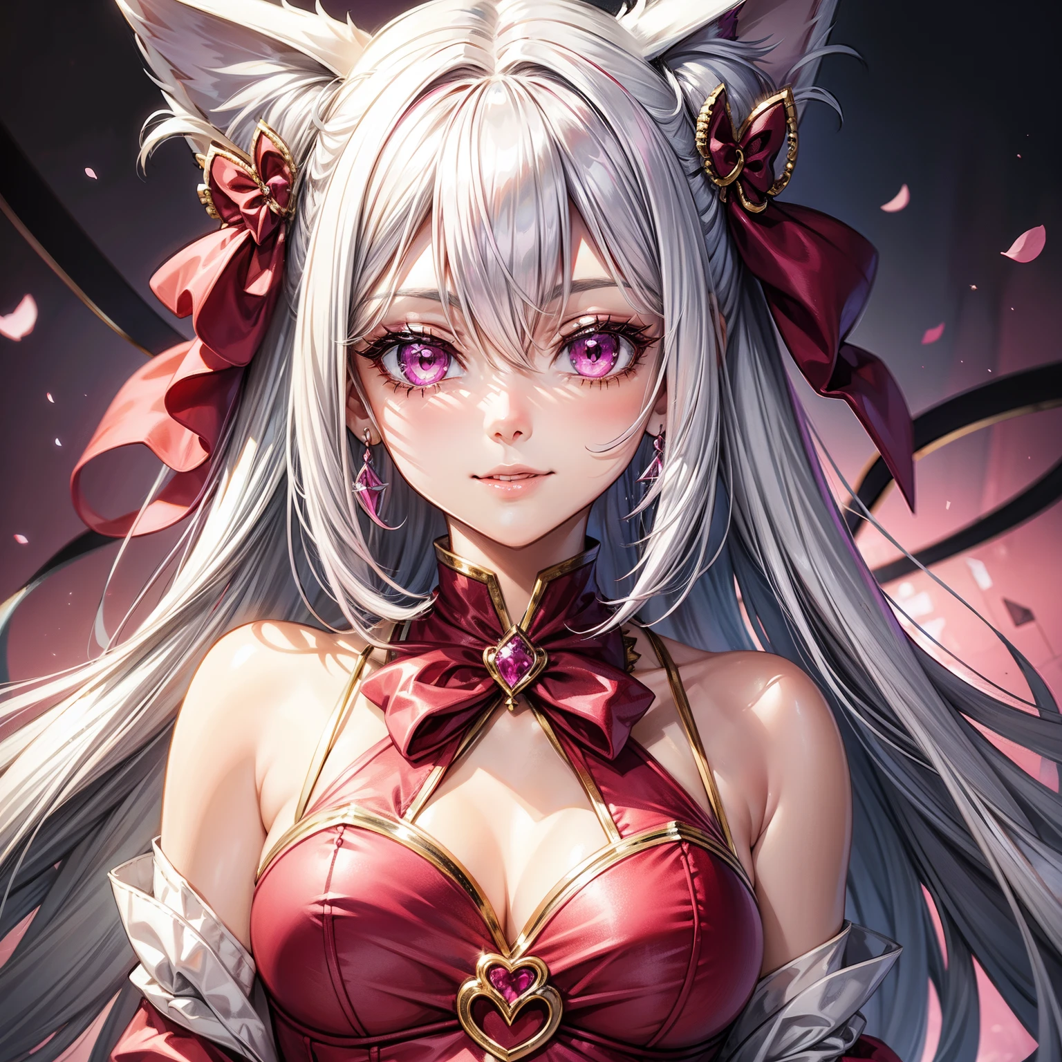 Silver hair, pink eyes, body, cat ears, woman, earrings, fantasy background, pink red clothes, hair bows, happy face