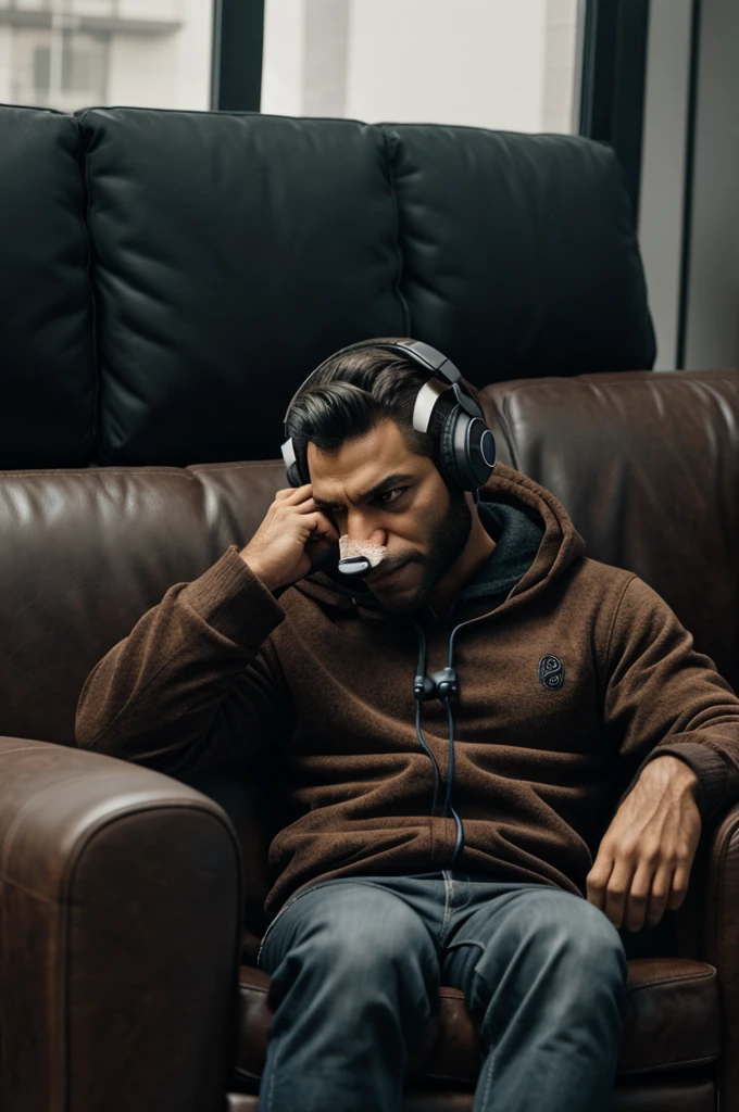 A werewolf sitting on a couch with beats headphones