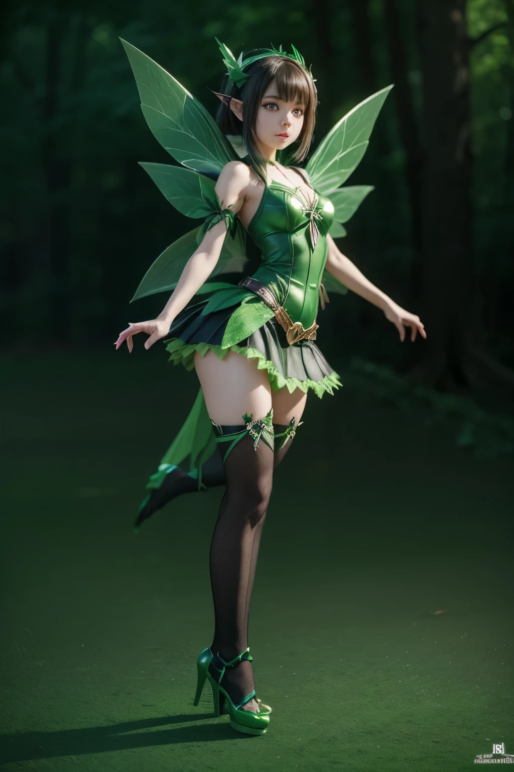 Anime girl dressed in green and black with wings and green background, pixie character, combine, forest combine, Insect trainer girl, brunette elf with combine wings, pixie, cute 3d anime girl rendering, April rendering, combine dance, legs open  