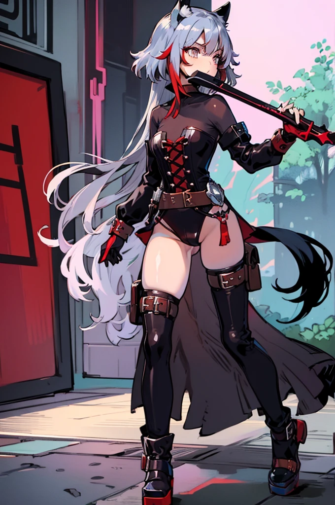 Anime Detailed Beautiful fantasy Woman, small , long black hair with red highlights, (big bulge), big cock, (big dick), silver eyes, hair tips are red, black cat ears, black cat tail, baggy fantasy clothes,