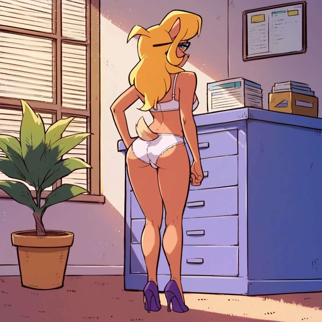 score_9, score_8_up, score_7_up, score_6_up, score_5_up, score_4_up, (Source furry), (rating nsfw), 1girl solo, indoors, office, looking at viewer, glasses, callie briggs, undressed detailed, detailed fur, rear view, no skirt, bottomless standing, wiggling her bottom, full view, legs, purple heels, panties at ankles, white bra, hula dance