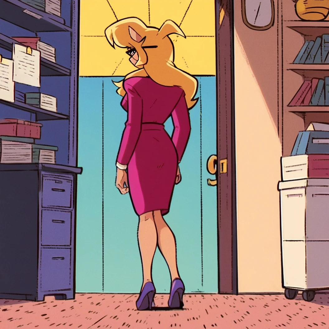 score_9, score_8_up, score_7_up, score_6_up, score_5_up, score_4_up, (Source furry), (rating nsfw), 1girl solo, indoors, office, looking at viewer, glasses, callie briggs, undressed detailed, detailed fur, rear view, no skirt, bottomless standing, wiggling her bottom, full view, legs, purple heels, panties at ankles, white bra, hula dance