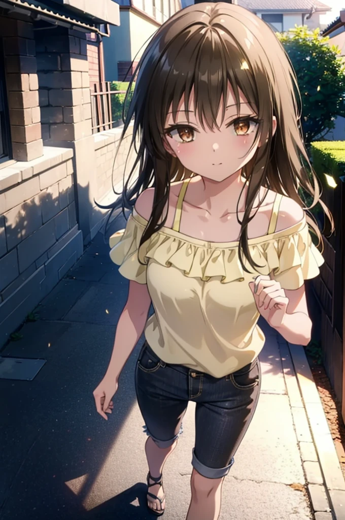 Yuikotegawa, yui kotegawa, Black Hair, (Brown eyes:1.5), Long Hair,happy smile, smile, Open your mouth,Glasses,Cold shoulder tops,Short sleeve skinny pants,Stiletto heels,Walking,morning,morning陽,The sun is rising,whole bodyがイラストに入るように,
break outdoors, Building district,
break looking at viewer, whole body,
break (masterpiece:1.2), Highest quality, High resolution, unity 8k wallpaper, (figure:0.8), (Beautiful attention to detail:1.6), Highly detailed face, Perfect lighting, Highly detailed CG, (Perfect hands, Perfect Anatomy),