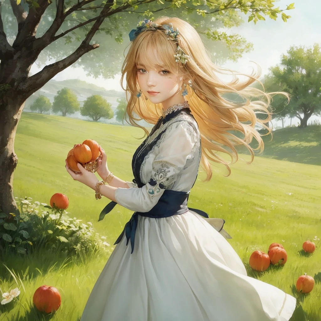 1girl, beautiful detailed eyes, beautiful detailed lips, extremely detailed face and portrait, long eyelashes, delicate facial features, pastel colored dress, flowing and dancing dress, intricate embroidery and beading on dress, layered and flowing skirt, soft breeze, surrounded by wildflowers, natural lighting, elegant, graceful, charming, playful, (best quality,4k,8k,highres,masterpiece:1.2),ultra-detailed,(realistic,photorealistic,photo-realistic:1.37),cinematic lighting, vibrant colors, soft focus, romantic, ethereal