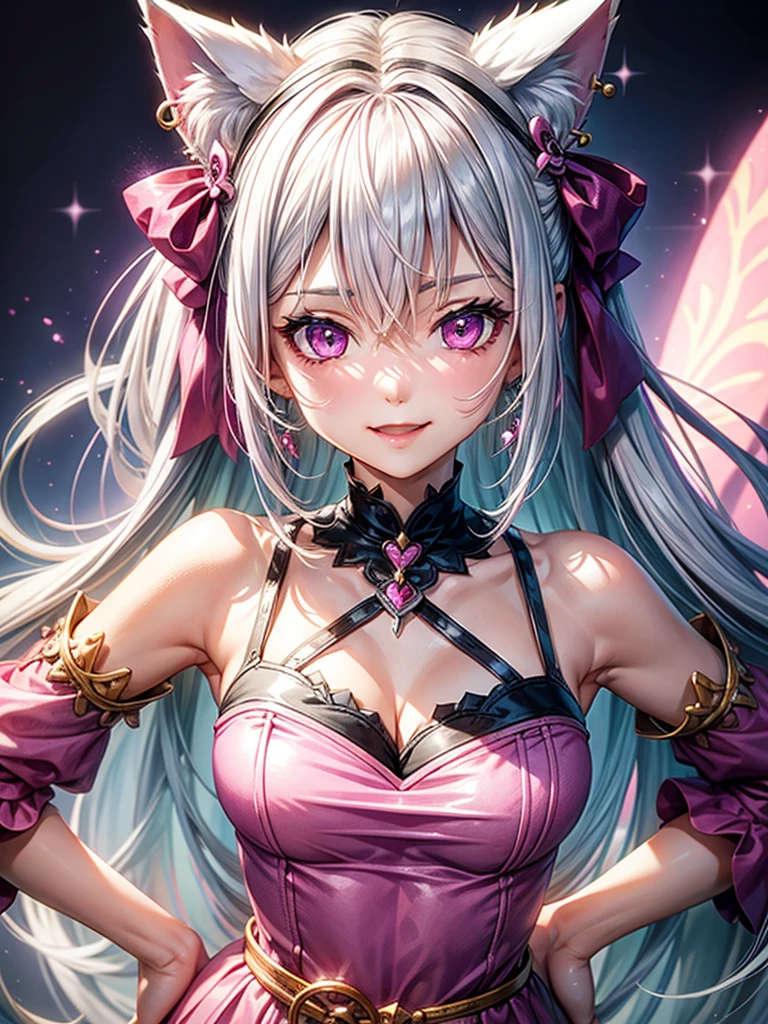 Silver hair, pink eyes, body, cat ears, woman, earrings, fantasy background, pink green clothes, hair bows, happy face