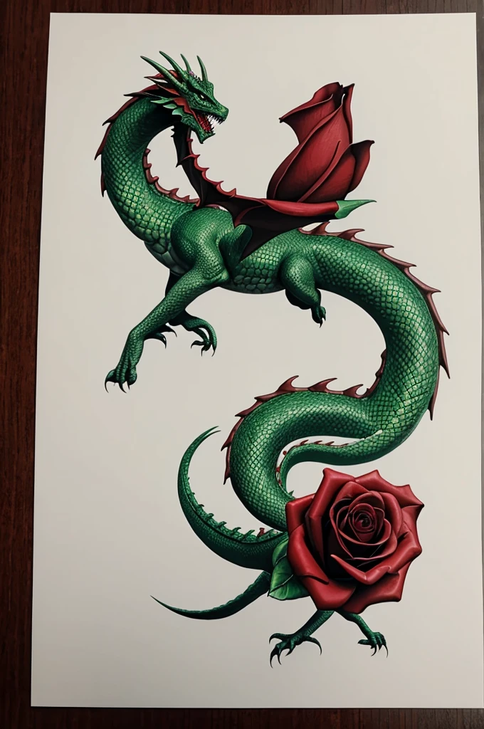 Draw me a rose with a dragon wrapped around it