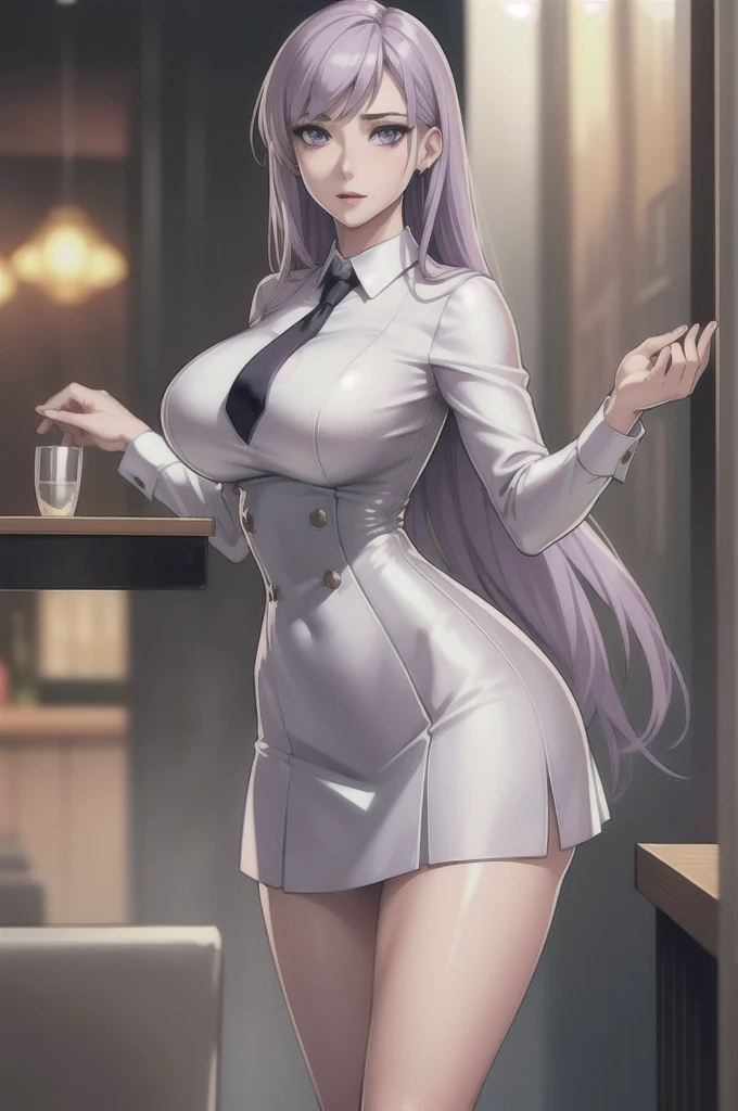 sakuyarindou768, mature female,(Wearing business outfit,formal jacket,neck tie, tie,white shirt, skirt, heels,High waist Skirt)( big perfect round breasts,hourglass body, thin waist,btpt-fc,Photo realistic, (hyperrealistic:1)beautiful, masterpiece, best quality, extremely detailed face, perfect lighting,detailed eye makeup, detail face, nice detailed eyes,nice hands, perfect hands (realistic pupils,realistic iris:1) heavy eye makeup  (working at a restaurant, background restaurant), 